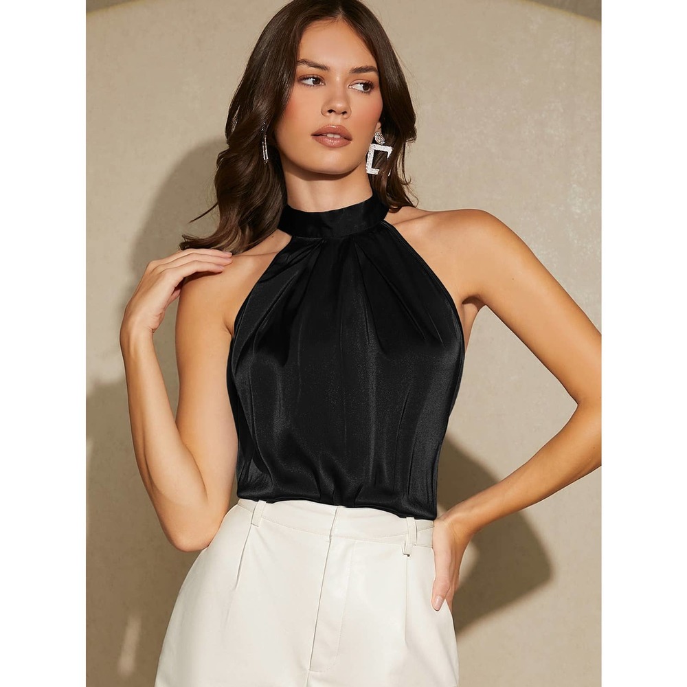 Tie Back Satin Halter Neck Blouse black